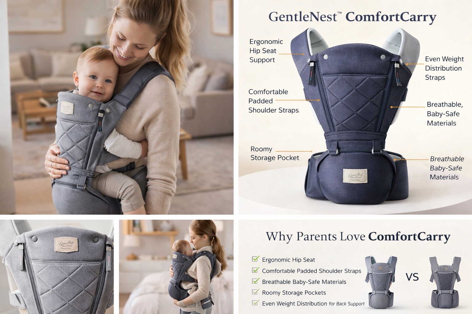 GentleNest™ ComfortCarry Baby Carrier with Hip Seat